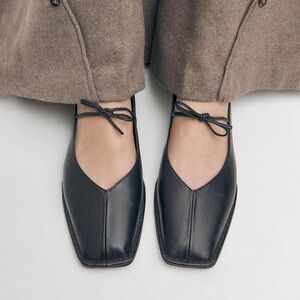 Square Toe Black Leather Flats